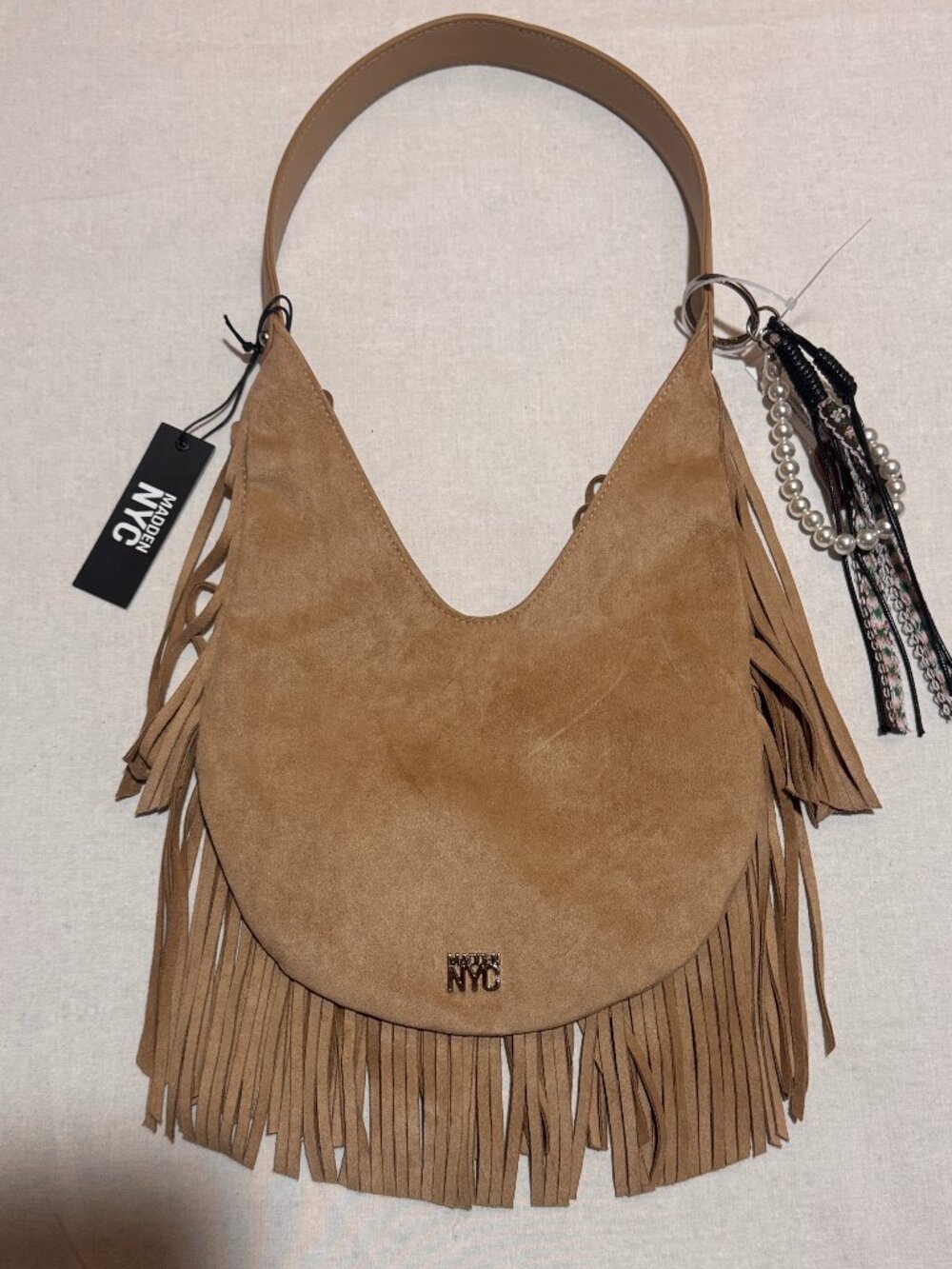 Madden NYC NWT Faux Suede Fringe Hobo Shoulder Bag Tan Western Boho Charm Purse